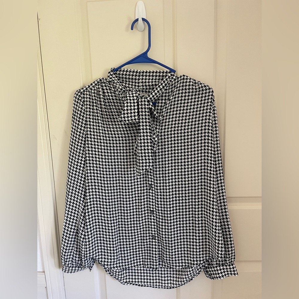 J.CREW Women’s Houndstooth Blouse XS Black White Bow Tie Neck Long Sleeve